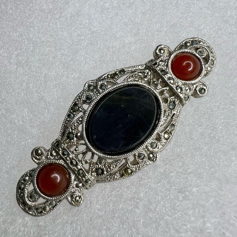 Vintage Onyx Red Glass & Marcasite Silver Tone Brooch 2 ½” - Picture 4 of 11